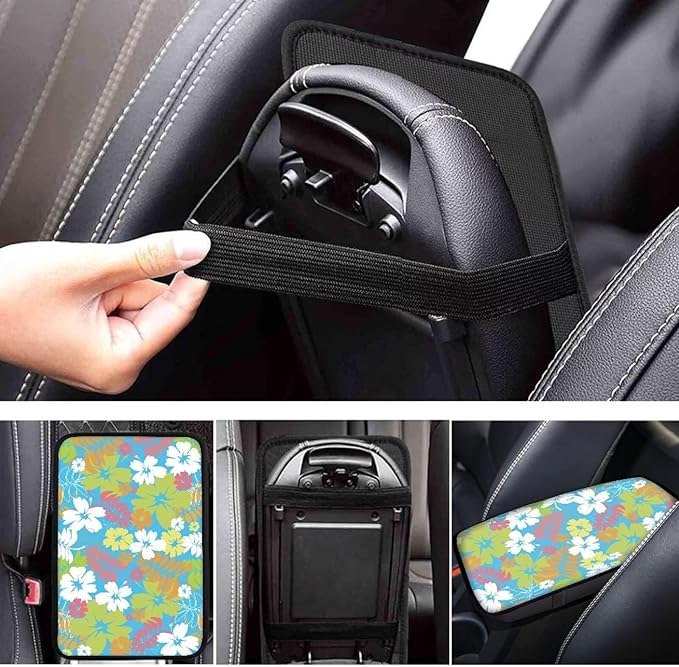 Hibiscus Flower Car Center Console Armrest Pad for Women Girls Breathable Soft Car Center Console Cover Seat Box Cover for Sedan, Van, SUV, Truck, Floral Cars Accessories