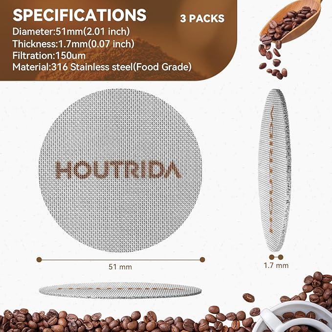51mm Puck Screen 3 Pack, Reusable Espresso Screen 316 Stainless Steel, 1.7mm Thickness Portafilter Mesh 150μm Metal for Espresso 51mm Portafilter Filter Basket