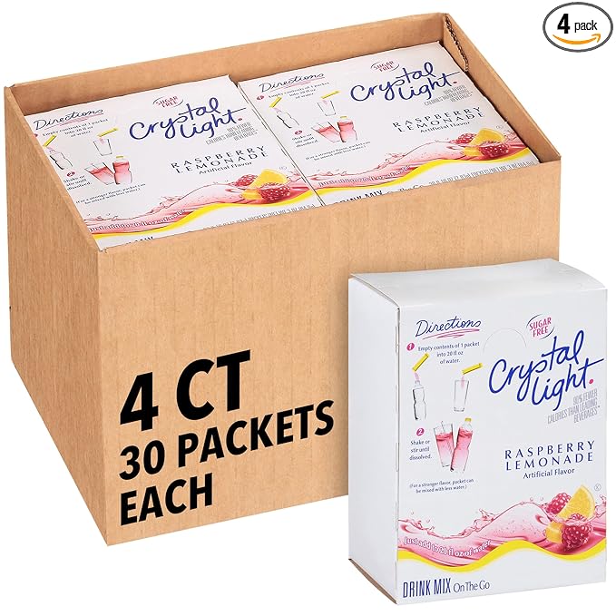 Crystal Light Single Serve Raspberry Lemonade Artificially Flavored Powdered Drink Mix, 120 per Case, 4 Boxes of 30 On-the-Go Packets