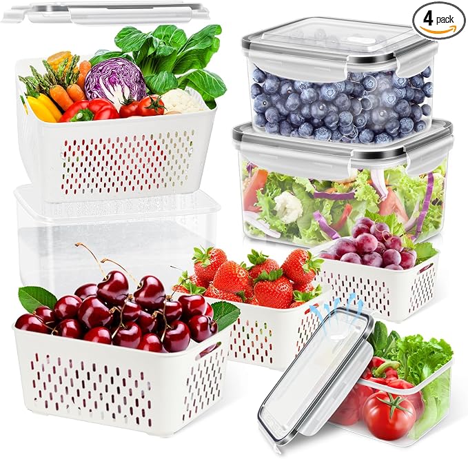 TBMax 8 Pieces Airtight Fruit Storage Containers for Fridge with Air Circulation Vent, 4 Pack Produce Saver with Colander for Berry Lettuce Salad Vegetable Storage, Refrigerator Organizers