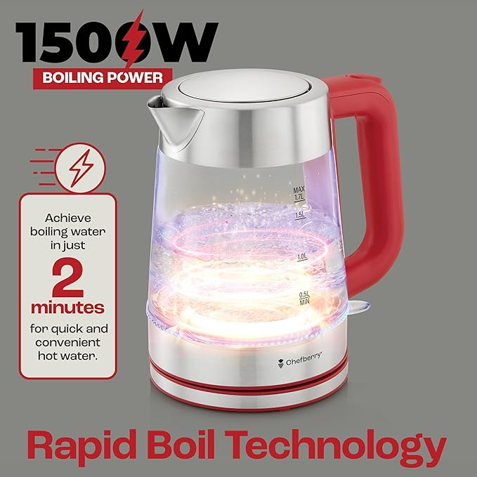Electric Kettle for Boiling Hot Tea & Water | 1.7L Stainless Steel Borosilicate Glass Boiler With No Plastic, Automatic Shutoff, BPA Free, Fast Heating Technology (Red)