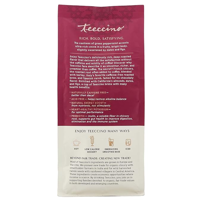 Teeccino Chocolate Mint Chicory Coffee Alternative - 11 Ounce - Ground Herbal Coffee That’s Prebiotic, Caffeine Free & Acid Free, Light Roast, (Pack of 3)