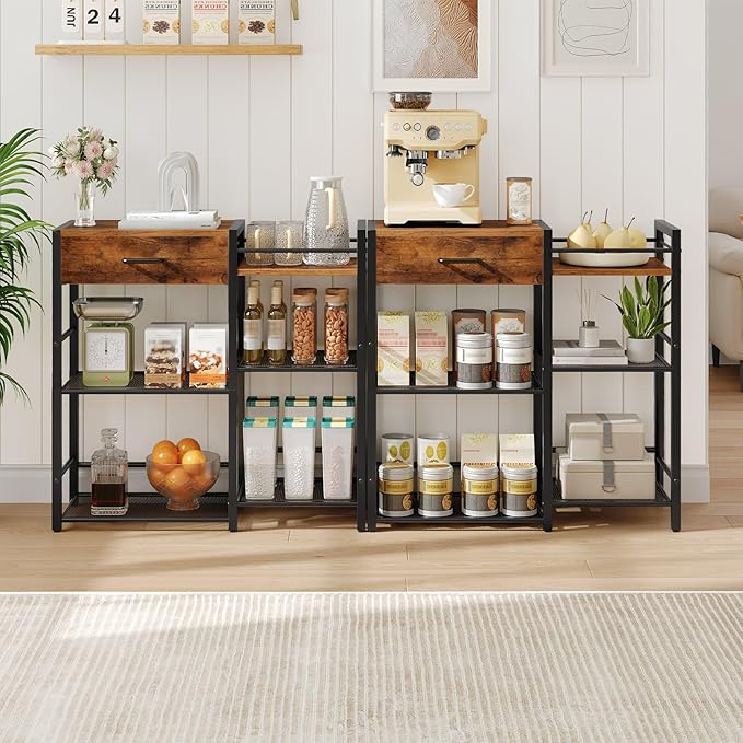 HOOBRO Coffee Bar Cabinet, Farmhouse Coffee Stand Station, 6 Tiers Kitchen Station Table with Drawer, Kitchen Bar Table for Small Space, Buffet Sideboard Cabinet with Storage, Rustic Brown BF77KF01