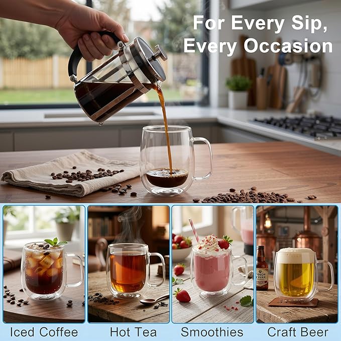 Roran Double Wall Glass Coffee Mugs, Clear Borosilicate Glass with Handle, 14.2oz, 2 Piece Set, High-Heat Resistant