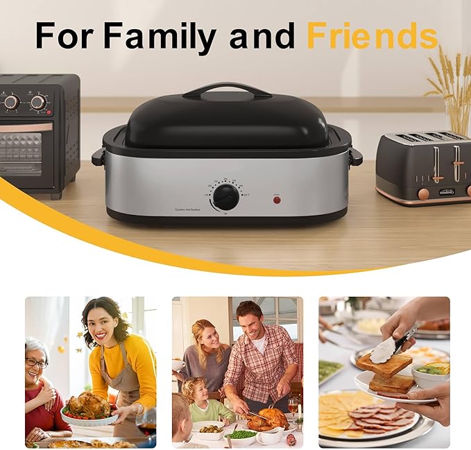 14 Quart Electric Roaster Oven, Turkey Roaster Oven with Self-Basting Lid, Stainless Steel Roaster Pan, Silver