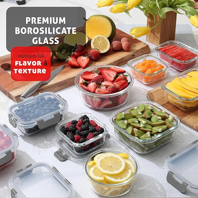 Nestl 24pc Glass Storage Containers with Lids, 12 Glass Food Storage Containers with 12 Airtight Lids for Pantry & Kitchen, Meal Prep Containers for Lunch, Oven Microwave & Dishwasher Safe, Gray
