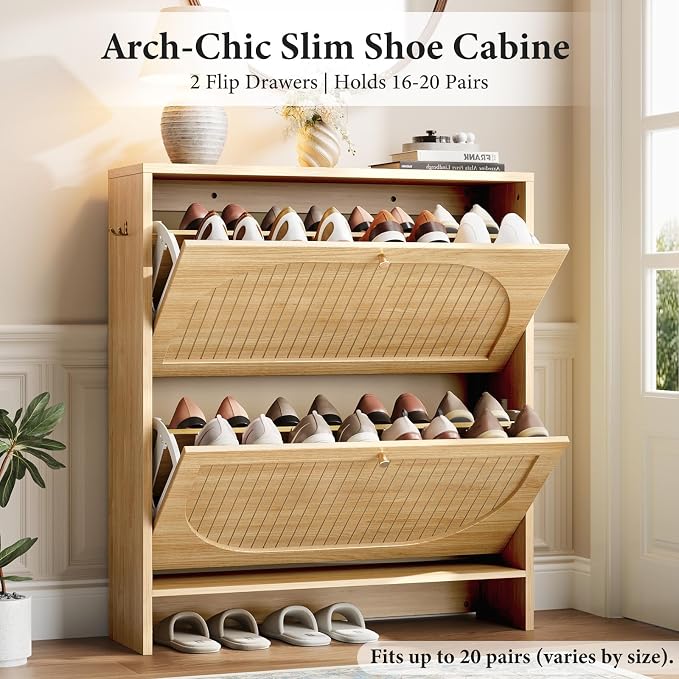 Nicetree Arch-Chic Shoe Cabinet for Entryway, Modern Mid-Century Shoe Storage Cabinet with Fluted, Narrow Shoe Rack with Adjustable Shelves & Tipping Protection, Fits Men's Size 13.5 Shoes