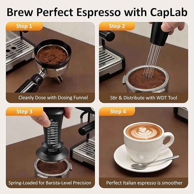 51mm Espresso Accessories Kit, Spring Loaded Calibrated Tamper, WDT Tool, Dosing Funnel Set, Fits Delonghi 51mm Espresso Coffee Machines and Portafilter, for a Clean & Tidy Workspace