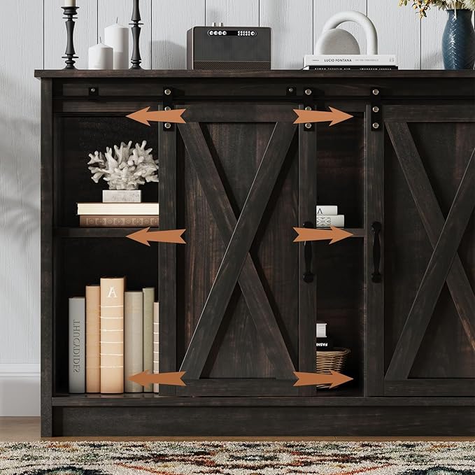 4 EVER WINNER Coffee Bar Cabinet with Sliding Barn Doors, 42” Sideboard Buffet Cabinet with Storage, Farmhouse Coffee Bar Station Table Liquor Wine Bar with Shelves for Kitchen, Espresso