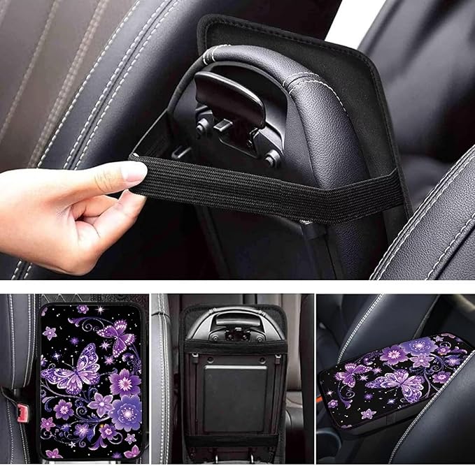 Purple Butterfly Car Console Covers Armrest Console Cover Soft Car Center Console Cover Accessories Protect from Pet Claws Universal Cars Interior Accessories Decoration