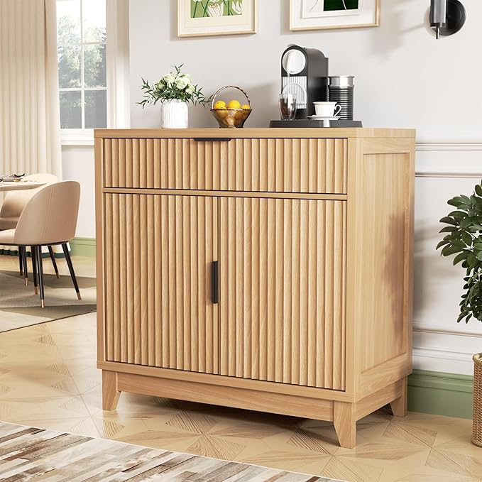 Vabches Fluted Sideboard Buffet Cabinet with Storage, 32" Wide Coffee Bar Console Table with Drawer, Fluted Doors & Adjustable Shelf, Wood Buffet Table for Living Room, Kitchen Dining Room, Oak