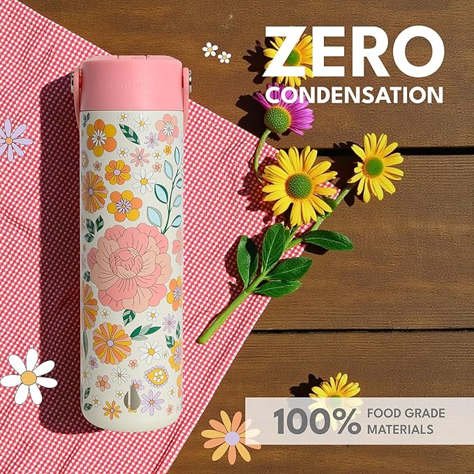 Elemental 24oz Insulated Water Bottle with Straw - 100% Leak-Proof Stainless Steel Core Water Bottles for Travel, Sports and Gym - Double Wall Insulation & BPA Free - Blossom Luxe