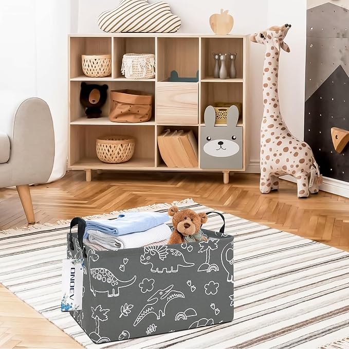 Rectangular Dinosaur Pattern Storage Bin, Decorative Canvas Laundry Basket with Dual Handles,Foldable Household Toy Organizer,Multipurpose Party Gift Basket for Bedroom Dorm(Gray Line Dinosaur)
