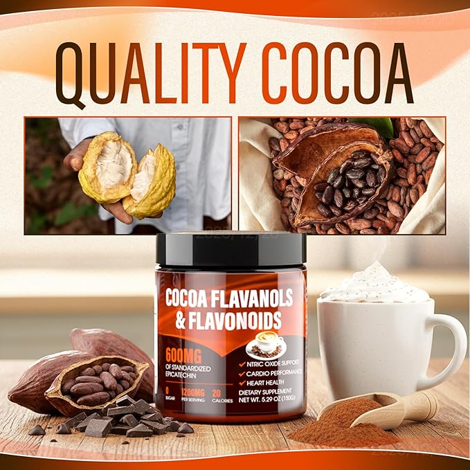 High Flavanol Cocoa Powder - 1200mg Cocoa Flavanols & Flavonoids Supplements, 600mg of Epicatechin for Heart Health, Nitric Oxide & Energy - 150g (1, Gram, 150)