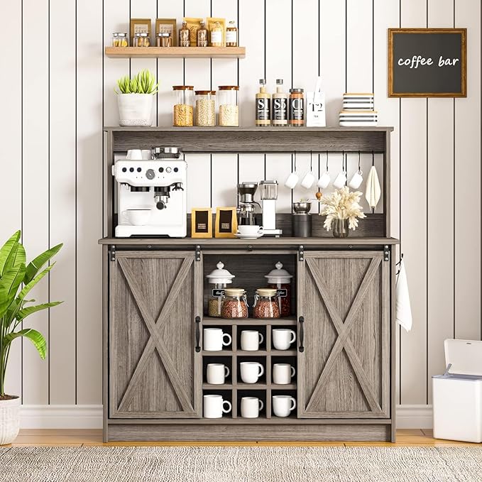 4ever2buy Farmhouse Coffee Bar Cabinet with Hutch, 47 Inch Wine Bar with Storage, Buffet Cabinet with Adjustable Shelves & 9 Wine Racks, Kitchen Buffet Cabinet for Dining Living Room, Grey
