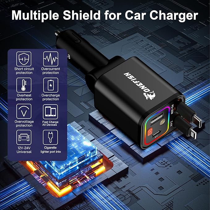 OneFish Starlight Fast Car Charger, 4 in 1 Cigarette Lighter Chargers with USB Type C Ports Retractable Cord Display, for iPhone 17 16 15 14 Pro Max Plus/iPad, Car Truck Essentials Gift for Women Men