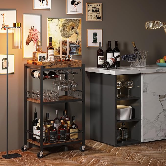 TUTOTAK Bar Cart with Removable Tray, Home Bar Serving Cart, Drink Cart, Mobile Kitchen Shelf with Wine Rack and Glass Holder, Rolling Beverage Cart for Living Room, Kitchen, Brown BC01BB036
