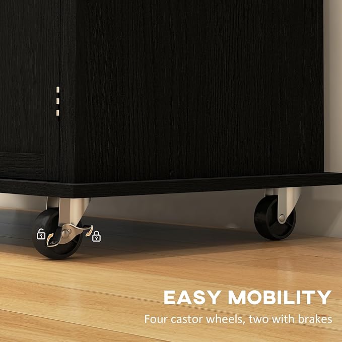 HOMCOM Kitchen Island Cart with Rubber Wood Top, Rolling Kitchen Island Table on Wheels with Drawers, Adjustable Shelves, Spice Rack and Towel Rack for Dining Room, Distressed Black