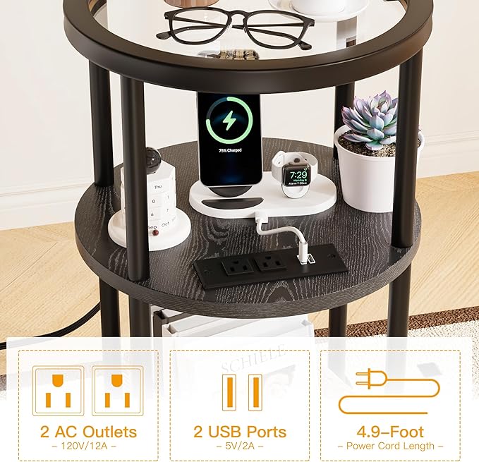 Homeiju Round Side Table with Glass Top, 3-Tier Glass End Table with USB Ports & Power Outlets, Bedside Table for Small Space for Living Room, Balcony, Bedroom, Black
