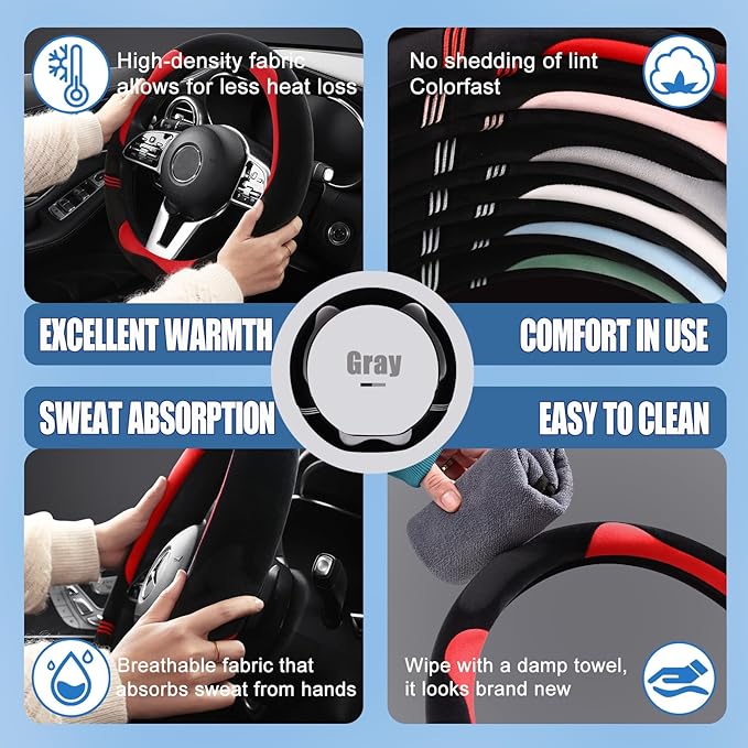 14 inch Furry Cute D Shaped Steering Wheel Cover, Soft Fluffy Short Plush Auto Accessories, Non-Slip Cold-Proof Sweat-Proof Colorfast(Black with Gray)