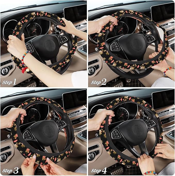 Watercolor Pink Hisbicus Steering Wheel Cover, Elastic Non-Slip Steering Wheel Protector,Auto Interior Decor for Women Girls,Universal 15" Fit for Sedans,Trucks