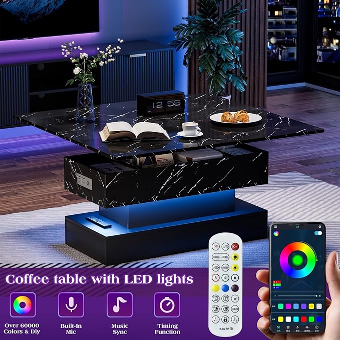 39.4" Lift Top Coffee Table with Charging Station, 4-in-1 Multifunctional Coffee Table with Storage & Hidden Compartments, High-Glossy Marbling Print LED Center Table for Living Room, Black