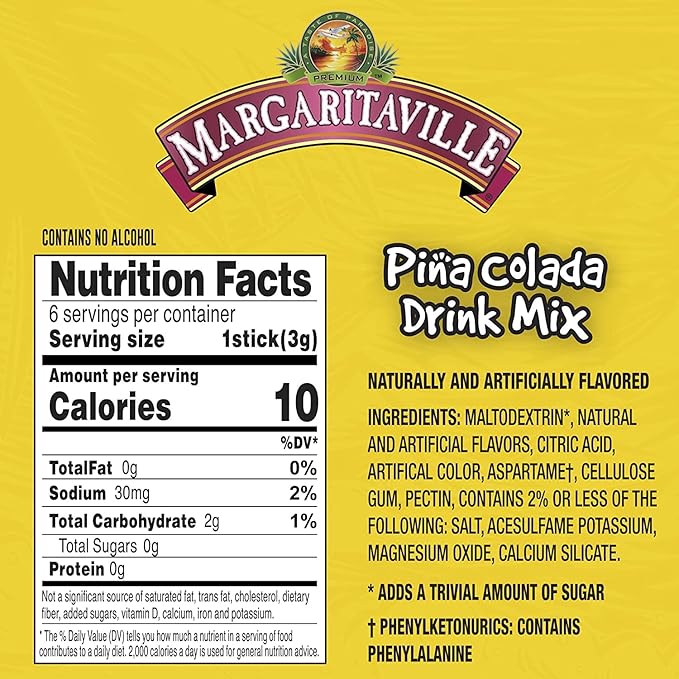 Margaritaville Singles To Go Water Drink Mix - Margarita Flavored, Non-Alcoholic Powder Sticks (Pina Colada, Pack - 6)