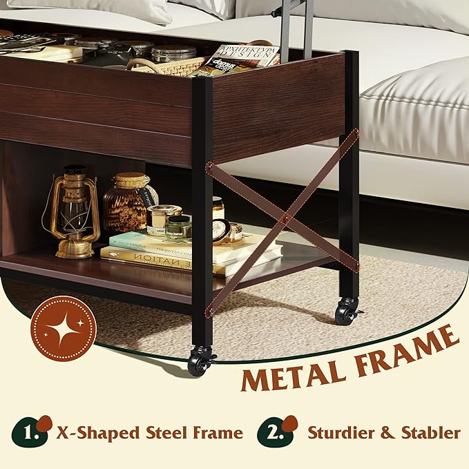 WLIVE Coffee Table, 41.3" Lift Top Coffee Table with 4 Wheels, Hidden Compartment, Storage Shelf and Lift Tabletop for Living Room, Reception Room, Espresso