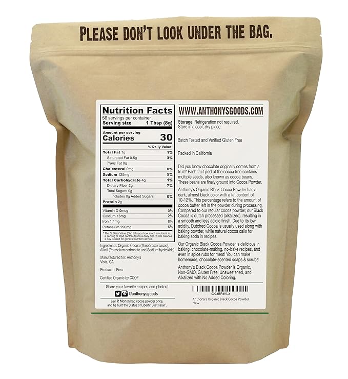 Anthony's Organic Black Cocoa Powder, 1 lb, Unsweetened, Dutch Processed, Gluten Free, Non GMO (Pack of 2)