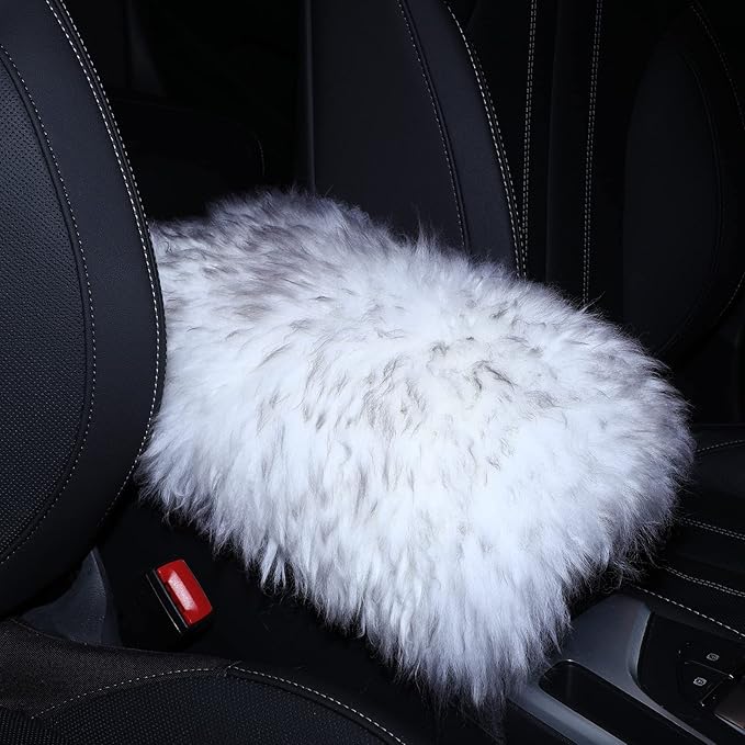 Frienda Furry Armrest Cover Auto Center Console Cover Car Soft Console Pad, Real Sheepskin Wool Soft Fluffy Auto Center Armrest Pad for Most Car Decoration Protector(Gray)