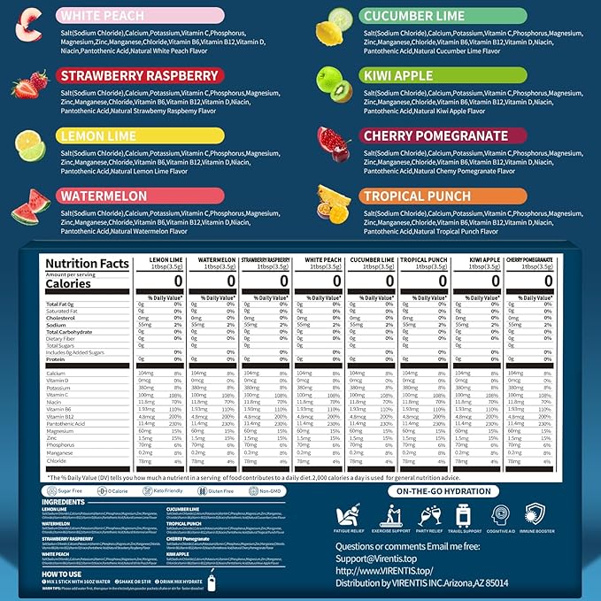16 Sticks Electrolytes Powder Packets Sugar Free Hydration Packets, 8 Flavors Liquid Daily IV Electrolyte Drink Mix for Rehydration with 8 Electrolytes & 6 Vitamins, 0 Calorie, Low Sodium