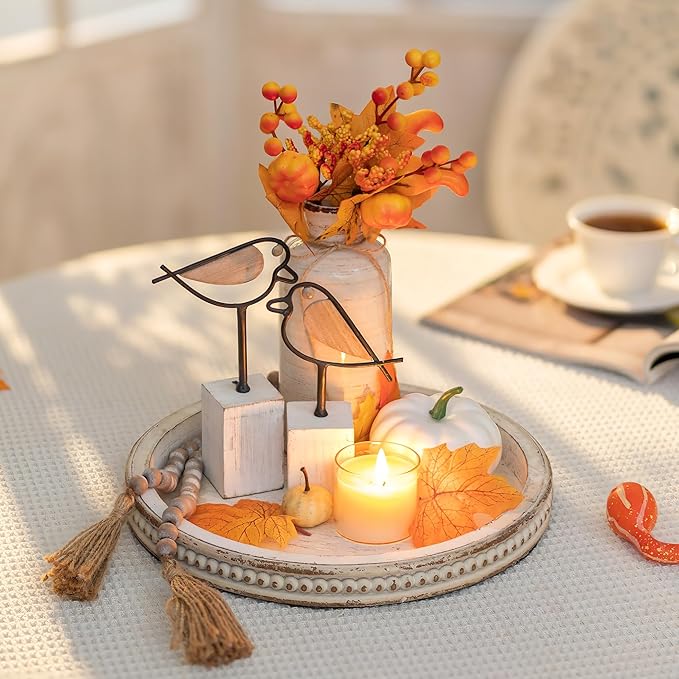 Hanobe Round Wooden Decorative Tray: White Washed Bead Tray Decor for Coffee Table Centerpiece Rustic Farmhouse Tray for Kitchen Counter Living Room Easter Decoration