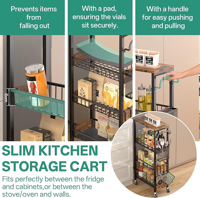 Slim Bathroom Storage Cart, 4 Tier Small Rolling Organizer Cabinet with Wood Top Handle, Mobile Shelving Unit Slide Out for Office, Kitchen, Laundry Room & Narrow Places (9.1" Overall Width)