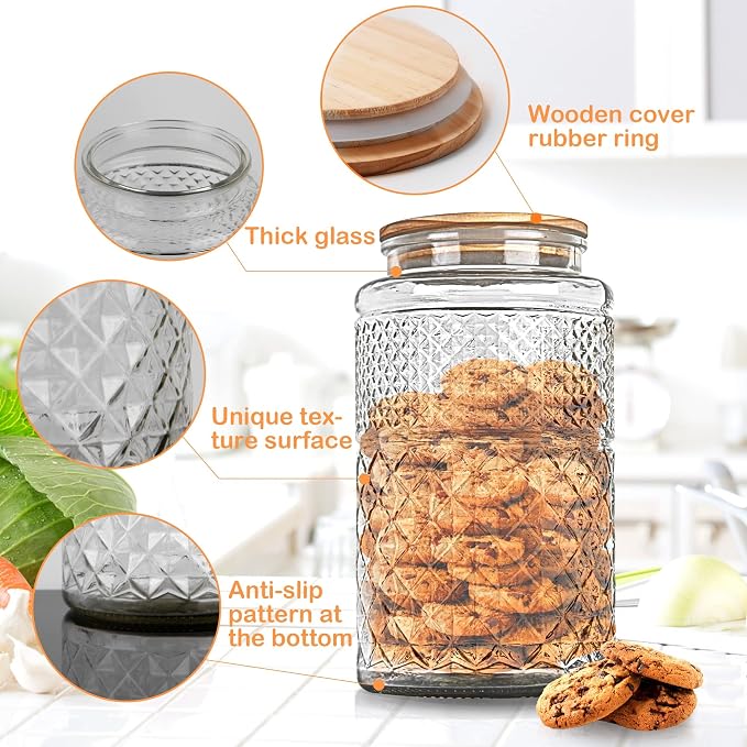 1 Gallon Large Airtight Glass Storage Jars with Bamboo Lid, Kitchen Pantry & Bathroom Laundry Room Organizer Canisters for Flour, Sugar, Cookie, Pasta, Rice, Snack, Coffee Bean, Tea, Spice, Cereal