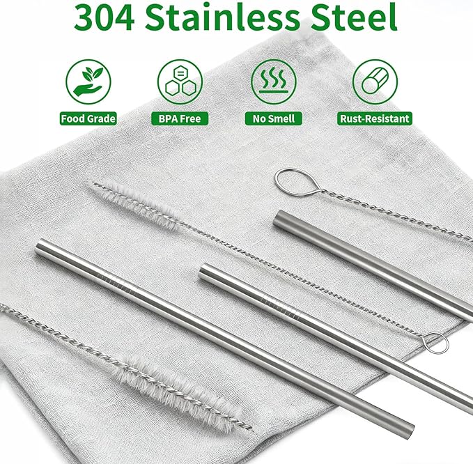 Stainless Steel Straw Set Compatible with Owala 24 oz 32 oz Water Bottle, 4 Piece Replacement Metal Straws With 2 Straw Cleaner