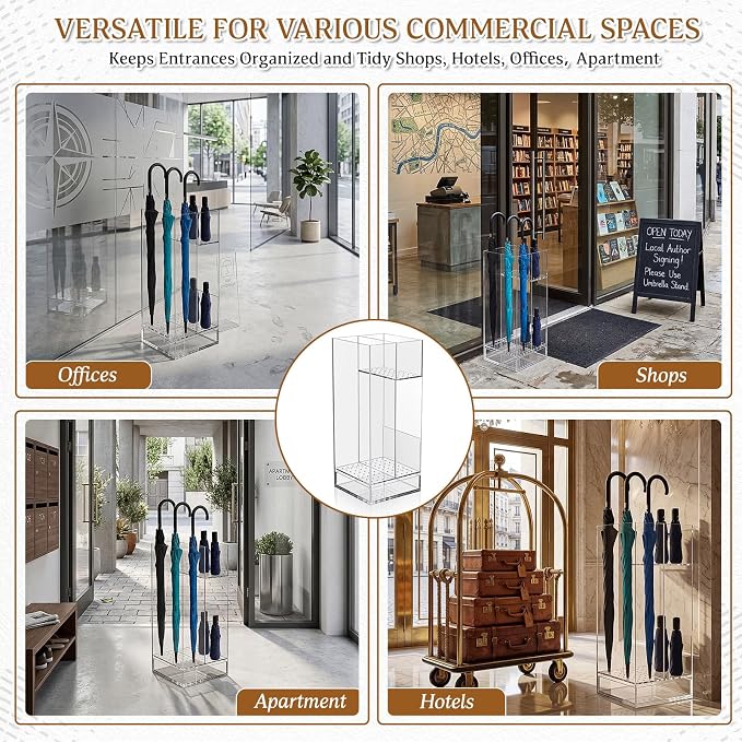 Leinuosen 9 x 9 x 22 Inch Clear Acrylic Umbrella Stand Organizer, Thick Freestanding Entryway Umbrella Holder with Long and Short Compartments, Modern Storage Rack for Home, Office and Lobby