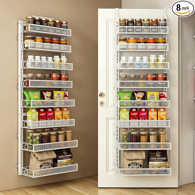 Over the Door Pantry Organizer 8 Tier Hanging or Wall Mounted Spice Rack with Adjustable Basket,Heavy Duty Metal Seasoning Organizer Shelf for Kitchen Pantry and Bathroom
