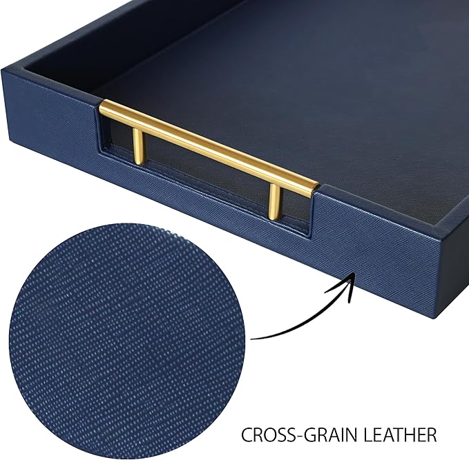 HofferRuffer Faux Leather Serving Tray with Gold Metal Handles, Stylish Decorative Tray Organizer for Coffee Table, Ottoman, Home Decor and Serving (Blue, 16.2" x 12.2" x 2")