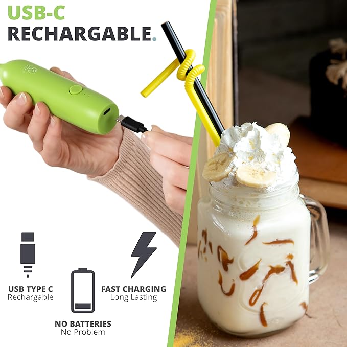 Oliver's Kitchen ® Handheld Milk Frother- Create Milky Foam For Coffee, Cappucino, Hot Chocalate And More in Seconds - USB-C Rechargeable