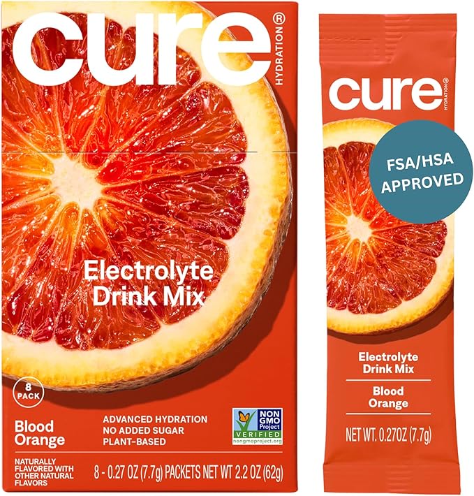 Cure Hydration | Plant-Based Electrolyte Drink Mix | No Added Sugar | FSA-HSA | Dehydration Relief Powder Made with Coconut Water | Non-GMO | Vegan | Box of 8 Packets - Blood Orange