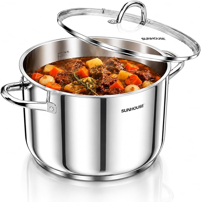 Sunhouse Stock Pot with Lid - 16 QT Large Pot for Cooking Pasta, Soup, Spaghetti - Impact Bonding Base Big Stainless Steel Pots for Canning, Boiling - Oven Safe & Induction Compatible Cookware