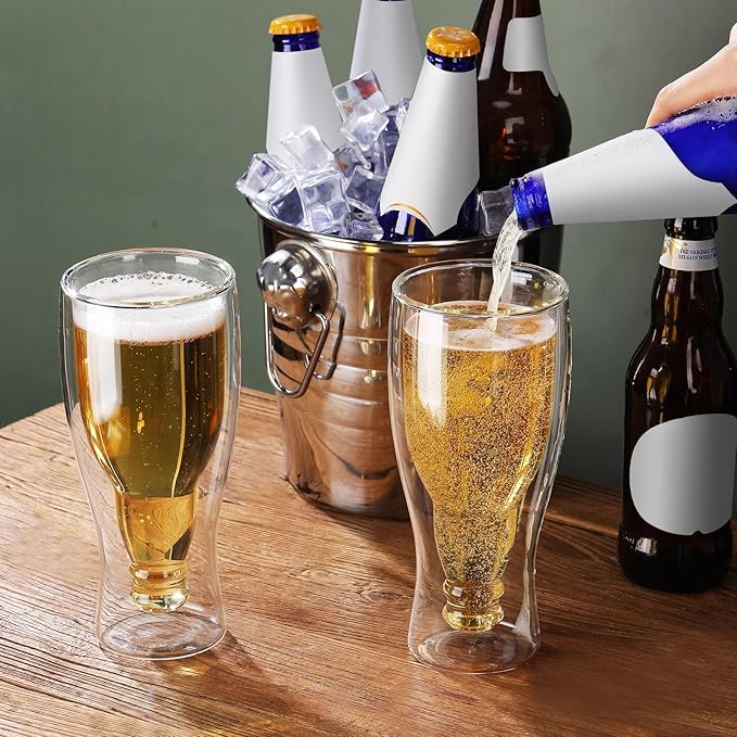 Meanplan 6 Pcs 15.5 oz Double Wall Insulated Beer Glass Clear Pub Mug Birthday Gifts for Him Men Dad Guys Insulated Borosilicate Freezable Upside Down Design Beer Glasses Cup for Drinking Lovers Bar