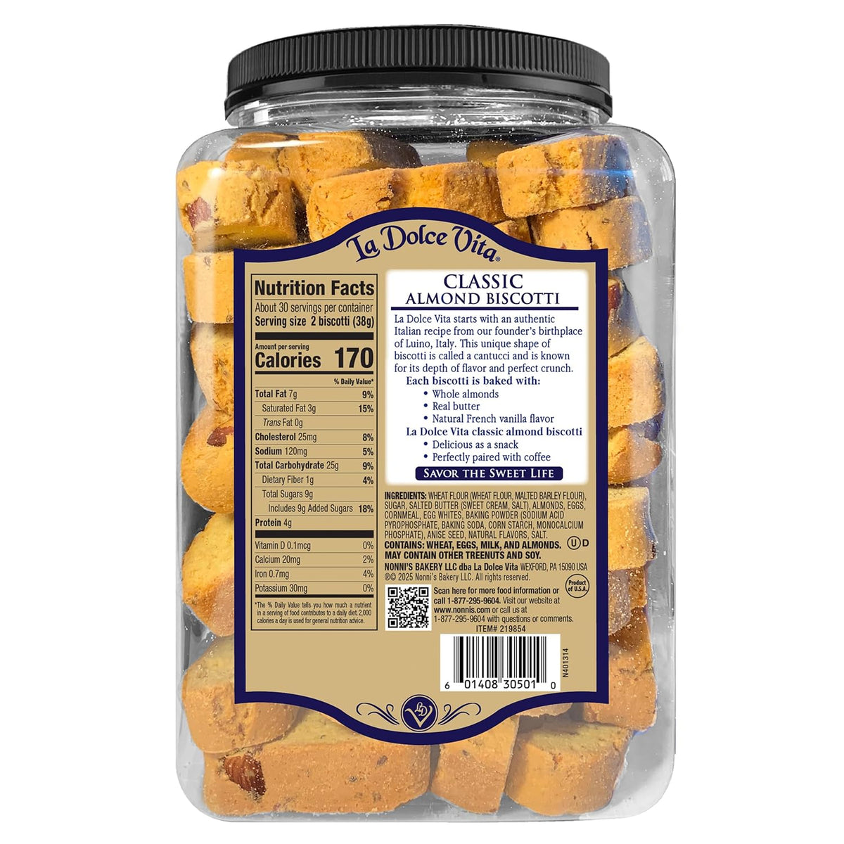 La Dolce Vita Classic Almond Italian Biscotti Cookies, 40 oz jar, gourmet coffee and tea dipping snack