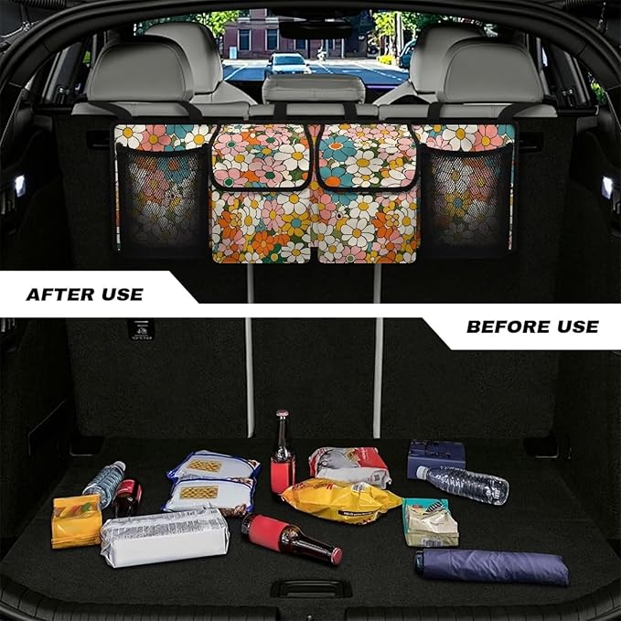 Hippie Flower Car Trunk Organizer and Storage, Large Capacity Backseat Hanging Storage Car Accessories, Backseat Car Organizer for SUV/MPV/Truck