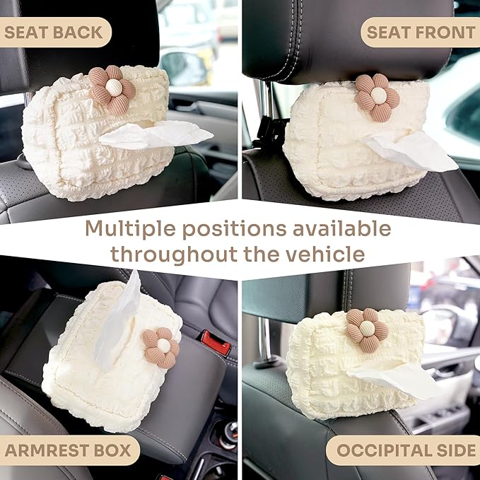 Lace Car Tissue Holder, Cute Flower Napkin Dispenser for Visor & Backseat, Hanging Soft Paper Storage Bag, Aesthetic Car Interior Accessories for Women (Cream White)