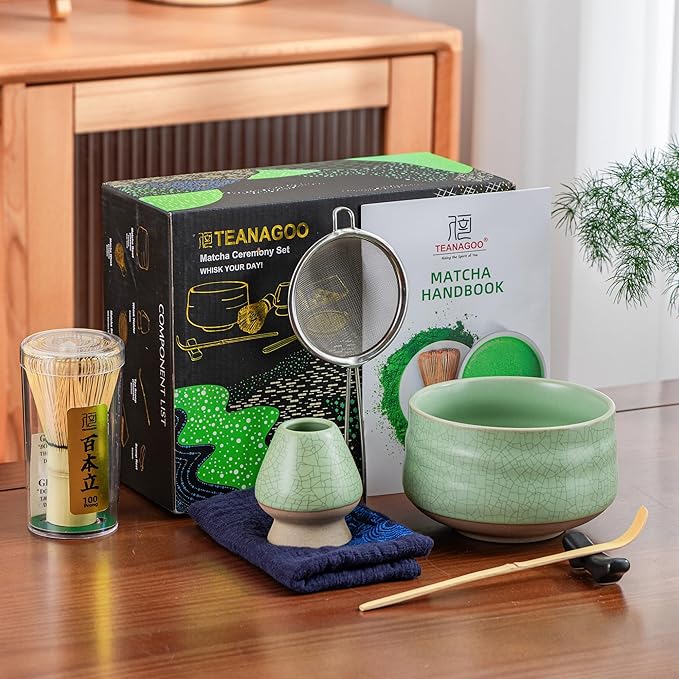 TEANAGOO Matcha Whisk Set Green, 7 Pcs Matcha Set, Matcha Kit for Ceremony, Matcha Tea Set for Making Breakfast/Latte,Whisk Set and Ceramic Bowl with All Accessories, Gift for Family/Friend