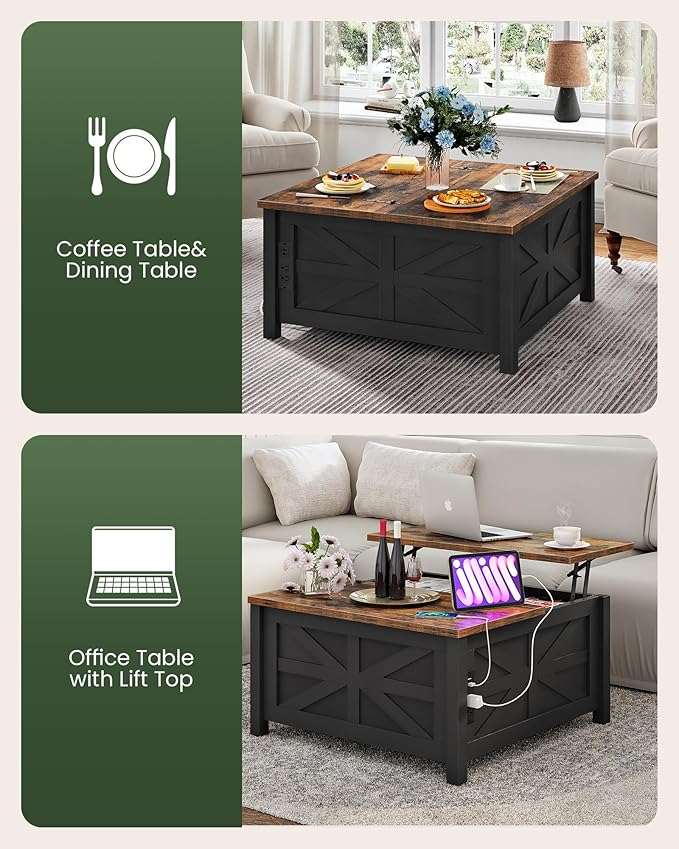 31.5" Lift Top Coffee Table, Farmhouse Coffee Table with Charging Station and Storage, 2 AC Outlets and 2 USB Ports, Black and Rustic Brown MKF02UBFN1