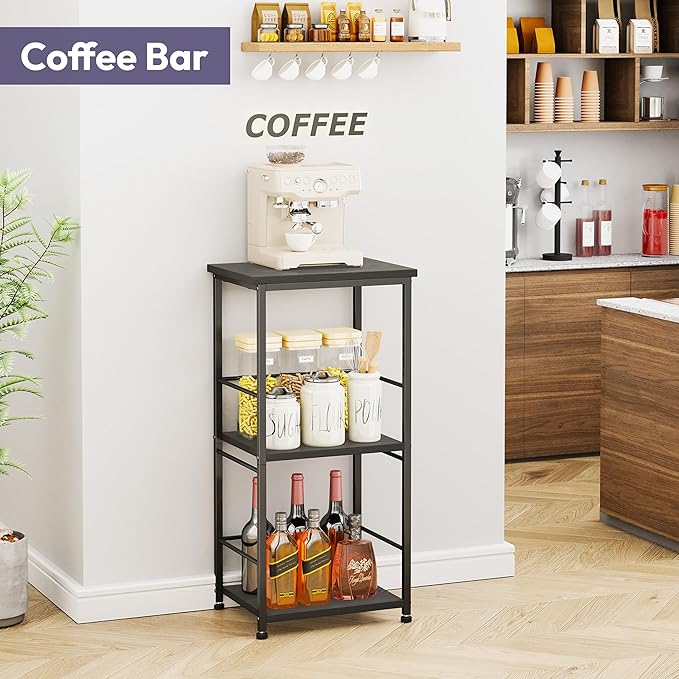 SWTYMIKI Coffee Bar Cabinet for Home - 3-Tier Sturdy Farmhouse Coffee Stand Station Multi-Purpose Buffet Sideboard - Kitchen Bar Table for Living Room, Corner, Small Space, Black