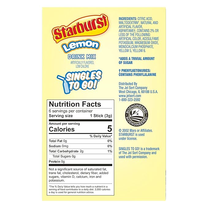 Starburst Singles To Go Powdered Drink Mix, Lemon, 3 Boxes with 6 Packets Each - 18 Total Servings, Sugar-Free Drink Powder, Just Add Water, 6 count (Pack of 3)