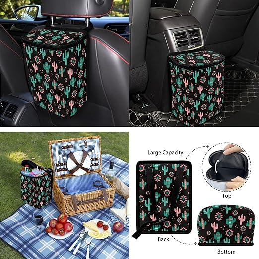 Green Cactus Aztec Car Trash Can Mini Auto Garbage Bin with Lid Lightweight Hanging Car Rubbish Bags for Back Front Seat